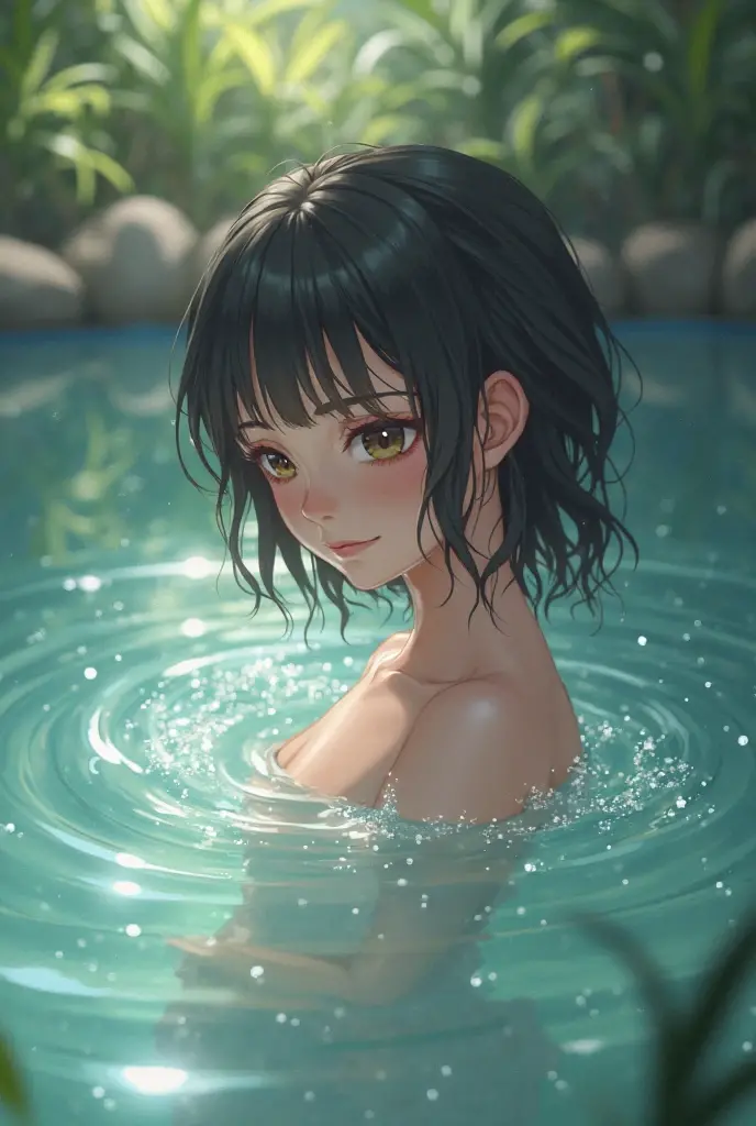 (Attack on Titan、Mikasa Ackerman)、Brown skin、(((Naked and shoulder-deep in hot springs)))、(Shorthair with black hair)、Young、Cute、Beauty girl、Perfect Style、giant breasts、Emphasizes cleavage、expressionless、Real、Realistic、8K、highly detail、maximum quality、Best image quality、hyper high resolution、Master Masterpiece、only girl、((The background is a hot spring in Japan))、
