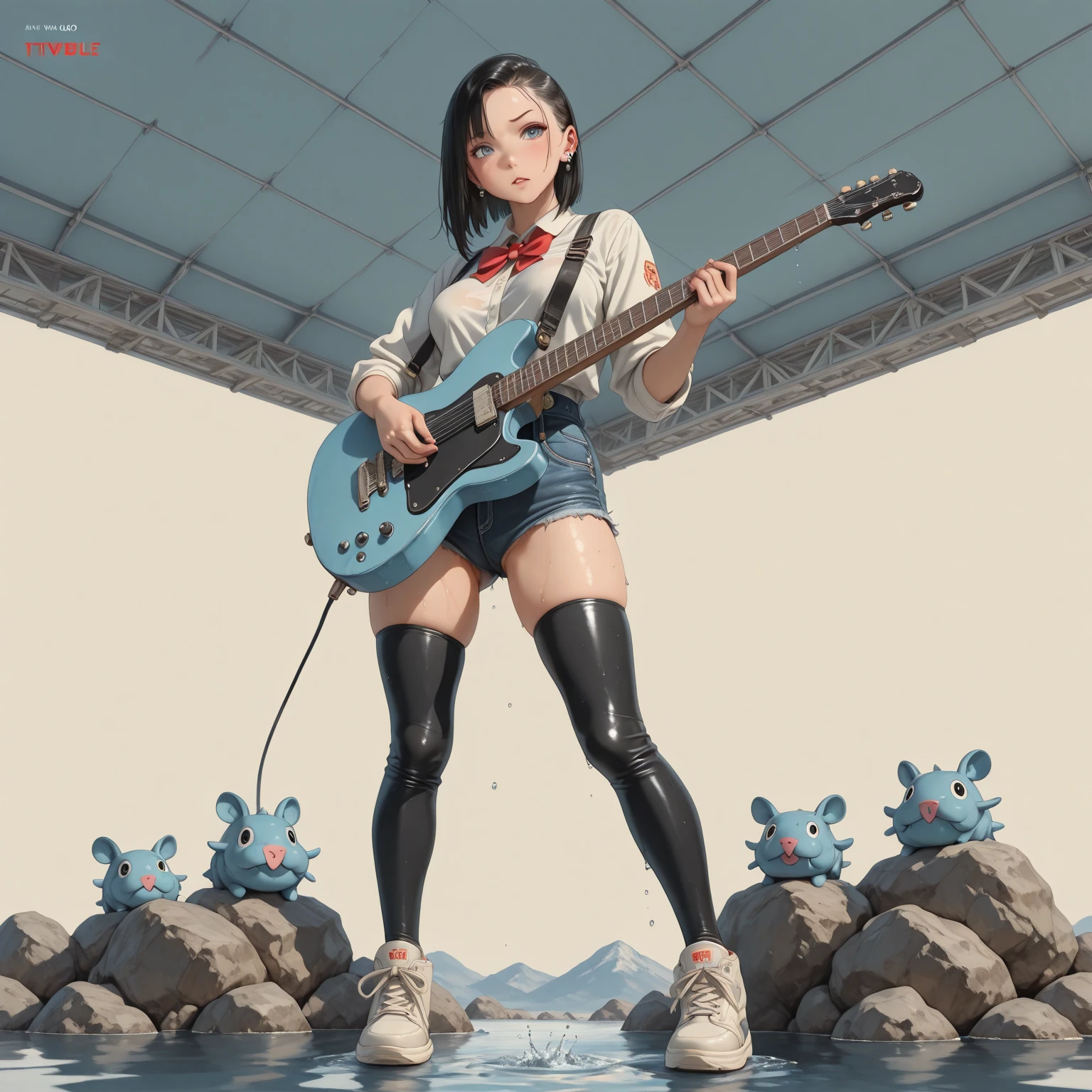 Watermelon guitar,Watermelon with water droplets,ice cubes,Watermelon-shaped guitar,The guitar is frozen,Frozen,Floating watermelon,Frozen watermelon balls,夏天,Cool,air conditioner,floting ice,blue backdrop,夏天,with blue sky and white clouds --auto