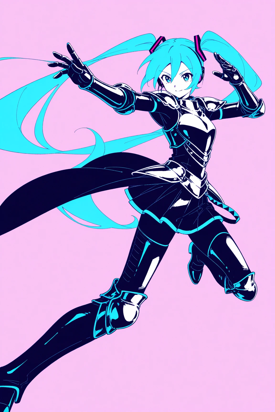 a cartoon image of a little green-haired girl in ice armor and knee-high silver armored boots and silver ring on her upper arms and scarf and tied hair