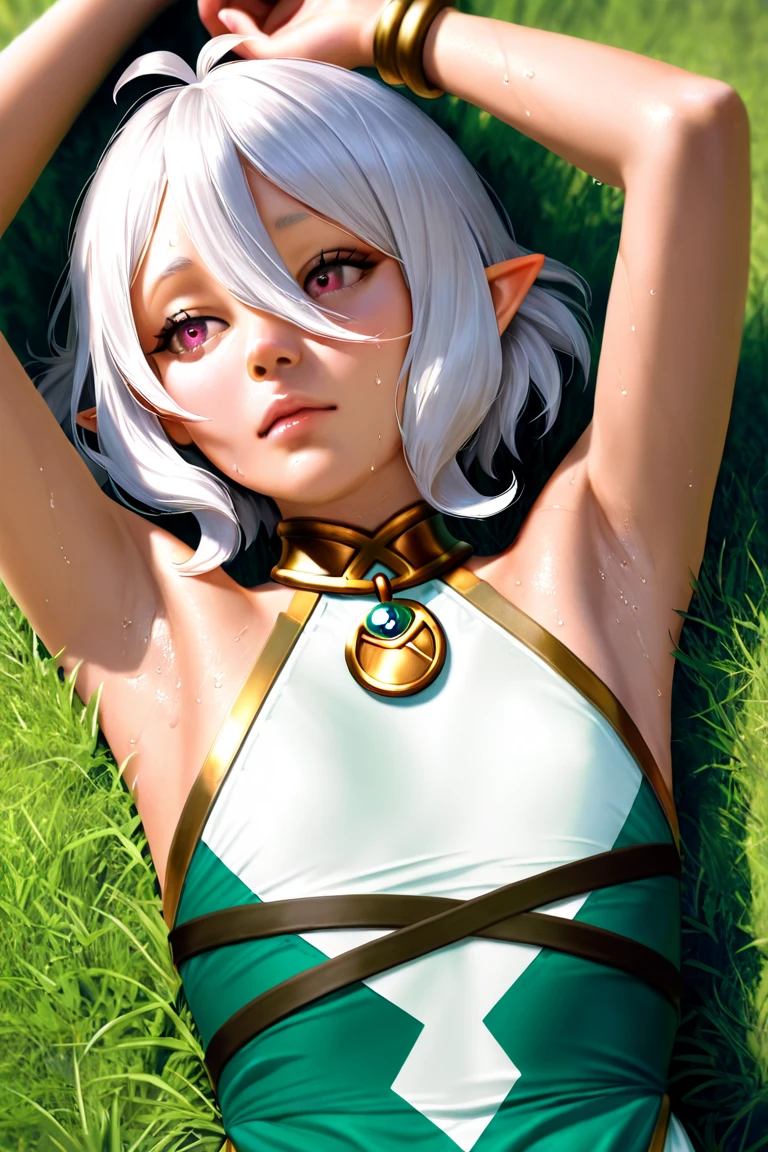 naked, nude, vagina, lolita, outside, medium chest, eight years old, open mouth, happy, smiling, sunny, happy, bright sunlight, grass, pointy ears, hair ornament, white hair, green hairstreak, from below, side ponytail, masterpiece, best quality