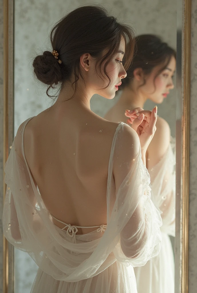 8k、Enchanting girl, Very detailed,Audrey Hepburn, Exquisite decorative details 、 Very intricate details 、 Realistic Light, sideboob、Put your hands behind your back,iridescence,bikini under clothes
