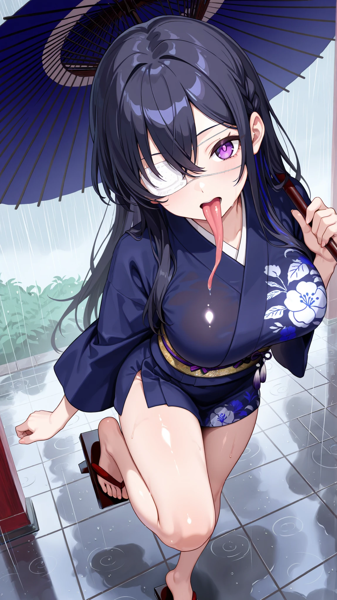 4K, 8K, high quality, highest quality, delicate, clear, super beautiful, girl, 1 person, Ichinose Uruha, Vtuber, black hair, blue mesh, blue-black hair, long hair, purple eyes, purple pupils, beautiful, cute, shiny skin, glossy skin, beautiful skin, ((face emphasis)), beautiful breasts, big breasts, slender, highest quality, ultra-detailed, masterpiece, highest quality, ultra-detailed, Tengu's Geta, standing on one leg, dark blue short kimono, Kimono obi red, white medical eyepatch, rain, Dutch angle, long tongue, oil-paper umbrella, from above