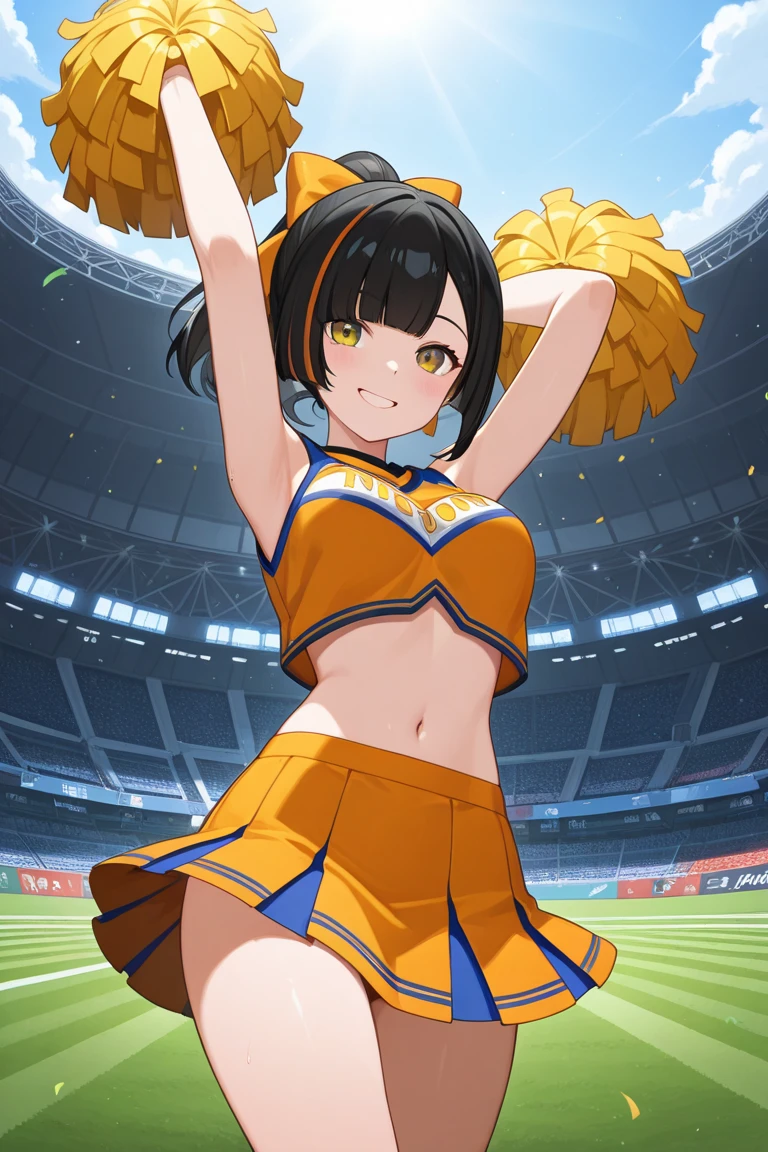 very cute and beautiful cheerleader girl,(Highly detailed beautiful face and eyes:1.2),(have a pom pom:1.2),(laugh together),
(stadium stand),cowboy shot,dynamic pose,zettai ryouiki,(orange sleeveless shirt),beautiful feet,skirt lift,white panties,dynamic angle,black hair,
(highest quality,masterpiece:1.2),intricate details,Super detailed,High resolution,1 girl,looking at the viewer,
Natural light,hair blowing in the wind,beautiful detailed sky,
