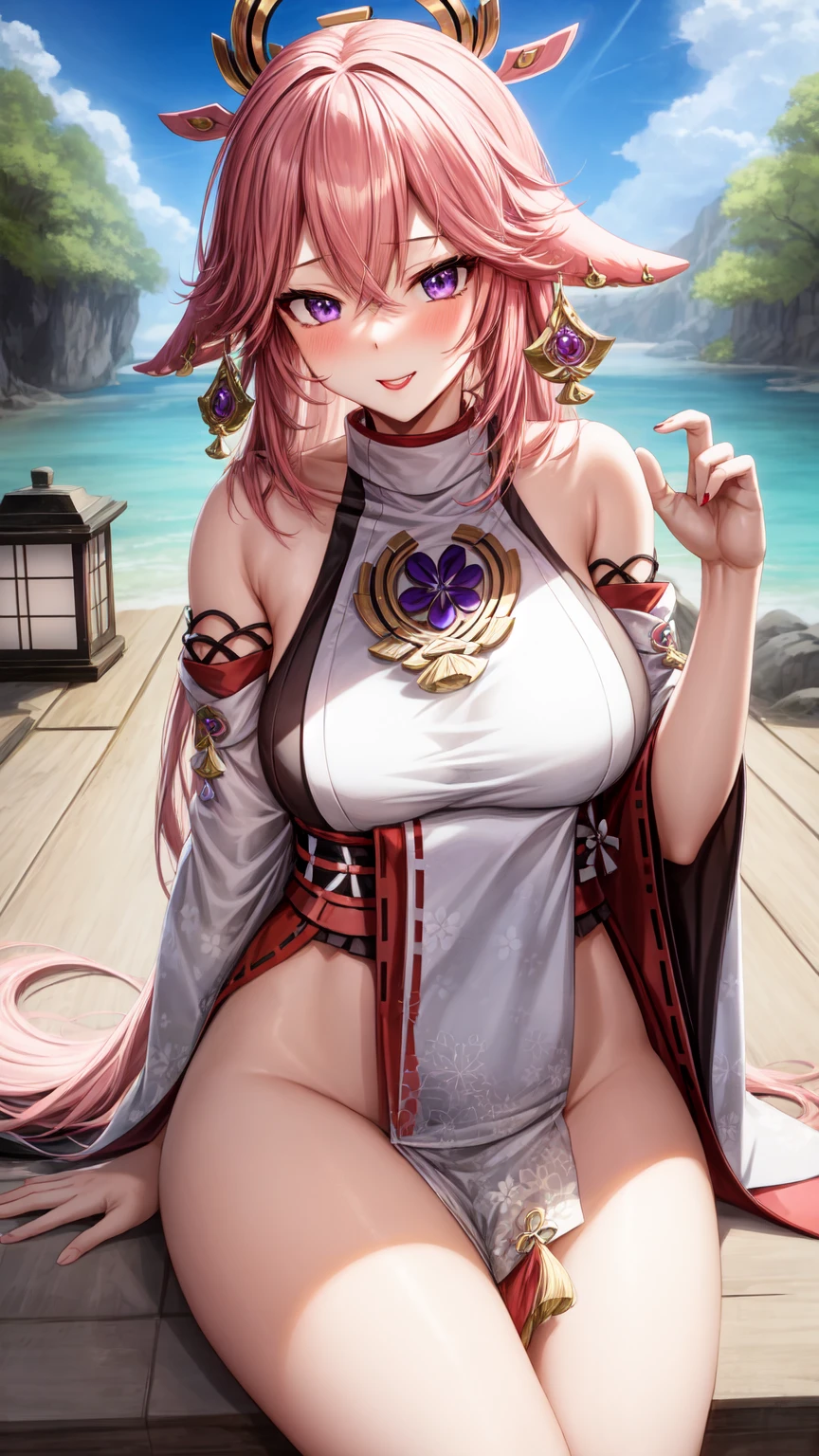 1girl, anklet, bangs, barefoot, bikini, branch, breasts, cherry_blossoms, cleavage, falling_petals, hair_between_eyes, jewelry, large_breasts, long_hair, looking_at_viewer, petals, pink_hair, purple_eyes, sitting, smile, solo, spring_\(season\), swimsuit, tree, water, yae_sakura, yae miko, feet
<lora:scottie_style (1):1.2> scottie_style