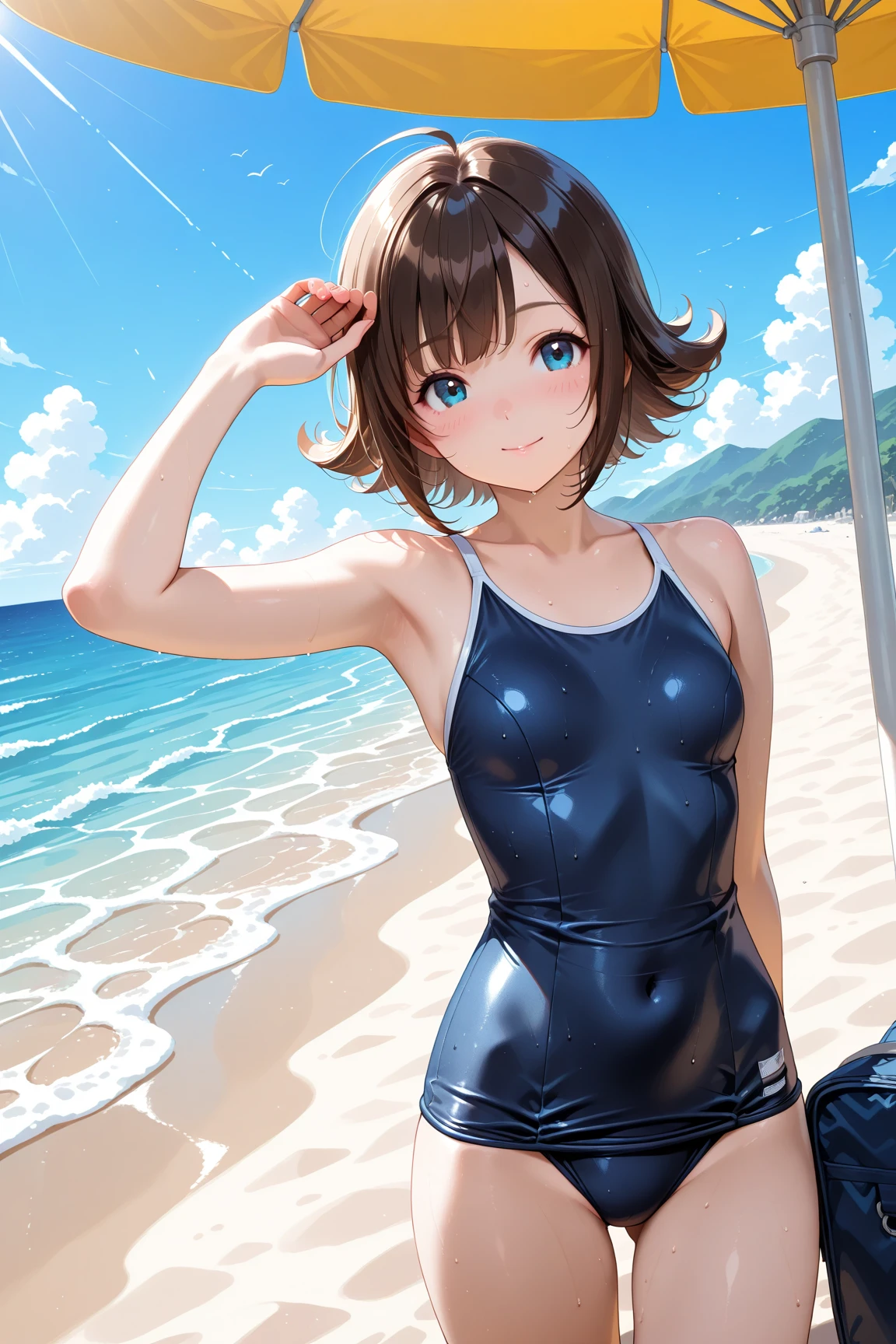 ((swimsuit costume)), ((swimsuit sides see-through)), ((The swimsuit is a vivid color)), holographic fabric, skindentation, skinny, solo, 1 woman, Masterpiece, highest quality, highest quality, 16K, incredibly absurd, highly detailed, 2.5D, ai-generated, delicate and dynamic, very delicate facial expressions, delicate eye depiction, erotic, only sexy woman, ((A cute and kind face)), healthy figure, 25-year-old woman, bride, 160cm tall, medium firm swaying bust, (dark hair), black eye, blush, Sweat,Embarrassed,sexy, ((thin thighs)), (Erect nipples:0.7), (visible nipples:0.5), ((shiny and lustrous)), facing straight at viewer, ((brown black skin)), ((Oily_skin)), sweaty skin, wet skin, (suntan), dutch angle, ((sexy pose)), Dynamic poses, ((Summer Sea)), Strong sunlight, ((Lying)), ((On the open sea)),