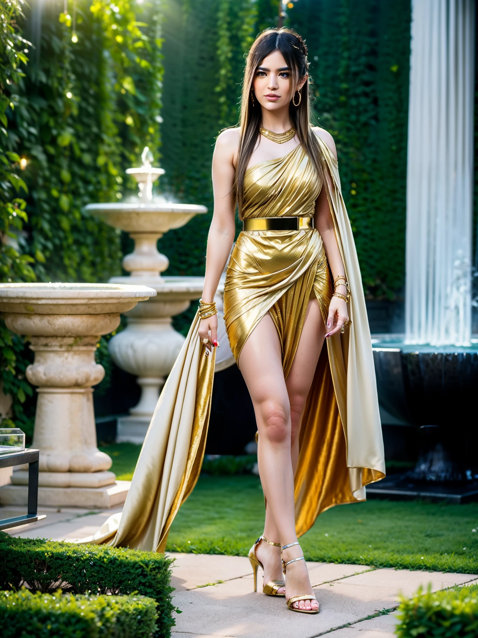 araffe woman in a gold dress standing in a hallway, movie still of a villain cyborg, jacky tsai style, human soldiers, pistols, inspired by Tang Sin Yun Sandara, shot on anamorphic lenses, syndicate(2012), rendering of beauty pageant, library of babel, blond ltd, golden silver elements, holding a gun --ar 16:9
