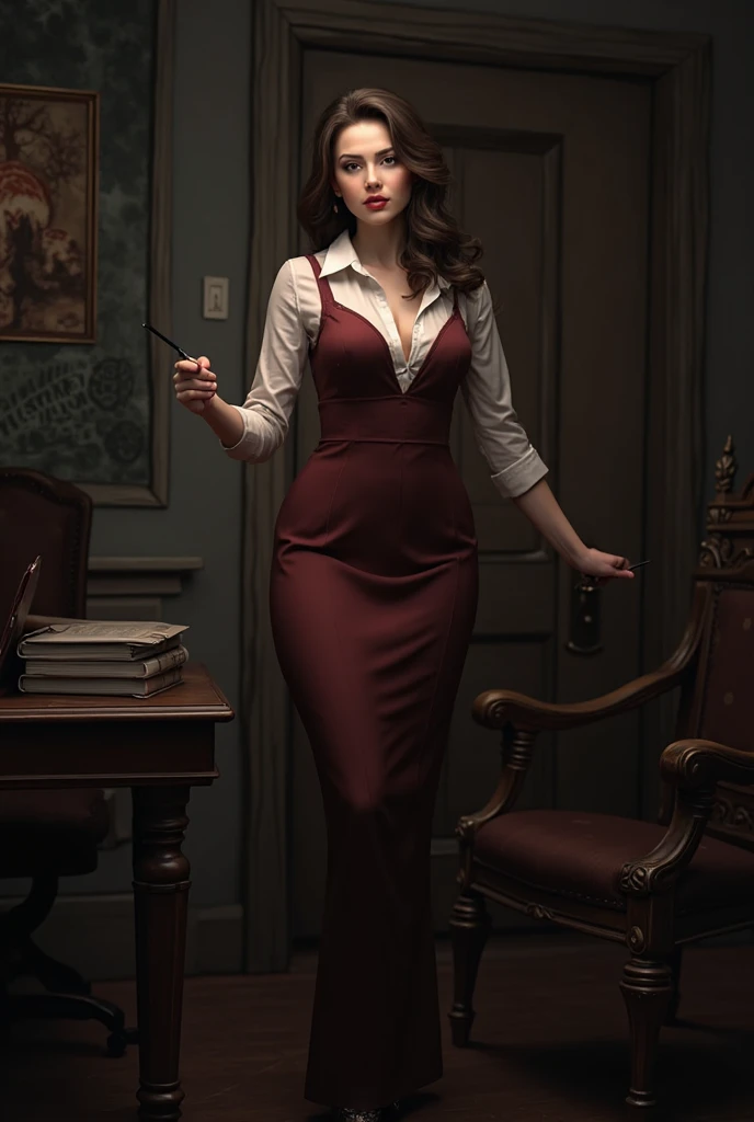 A pretty woman with short brown hair, pale skin, red lips. She is wearing a 1940s dress, with gloves and standing in a library