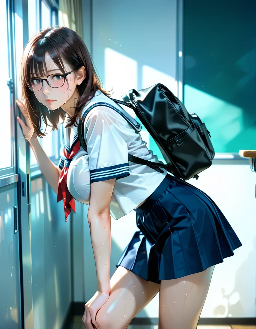 (Absurd:1.3),8K,(Detailed Photos:1.5),(Detailed face and skin:1.3),(Ultra-high resolution:1.5),(Realistic:1.5),Symmetrical clear eyes,Well-groomed face,(Ray Tracing:1.3) ,One girl, Japanese,high school girl,(wearing Japanese high school uniform:1.3),(Naval High School:1.3), break (Panties as a gift),(Detailed blue cotton panties:1.1),masterpiece, Highest quality, Very detailed,classroom,Black medium straight hair,Focus Panties,Cinema Lighting,(Blushing:1.3),(Panty stains:1.4),Glasses,