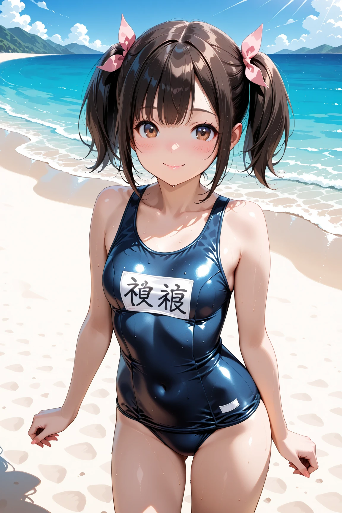 (masterpiece:1.3), (ultra detailed:1.2), beautiful detailed eyes, ultra-detailed,
ceiling, sit astride, girl on top,
very long twin tails, brown hair,
((school swimsuit)), Highly detailed glossy skin, Dark blue one-piece swimsuit, (Swimsuit with wet and shiny details: 1.2),
Wet and shiny thighs, evil grin, Crab crotch, Extensive_feet,