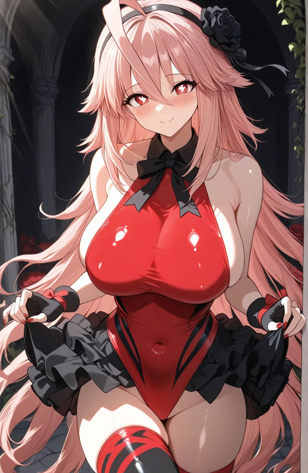 Outrageous resolution,masterpiece++,top-quality++,ultra-definition++,ultra-definition++,4K++,8K++,Anime character girl, 2D, high resolution, extremely detailed, Highest quality, highest image quality, HD, perfect face, beautiful face, Baobhan_sith( fate grand order ),(best quality,4K,highres,huge breasts:1.6, tall:1.3), 1 girl, solo, detailed beautiful face, long eyelashes, red long hair, bright pink hair, pointed ears, vampire girl, big breasts, big ass, sexy body, body curve, slender body, full height, bright skin, red eyes, pink eyes, distinct_image, highly detailed, semi realistic , red pupils, Beautiful body, (Anatomically correct:1.2), A beautiful woman, 20th Generation, Beautiful Skin, Tall and toned body, pointy big breasts, Extreme sexy lace underwear lift, valley, indoor, sexy pose, night,bedroom