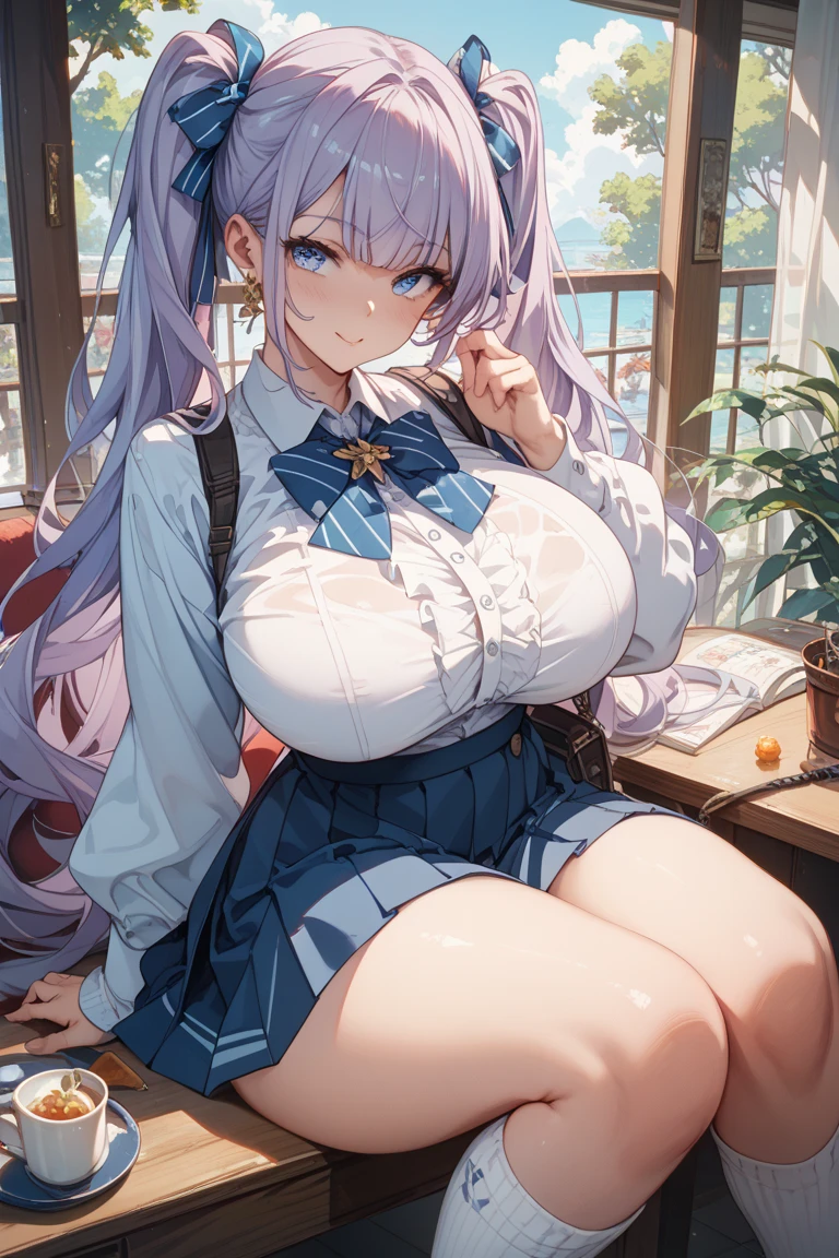 Erotic Anime Illustration、Highest image quality、A plump dark-skinned female high school girl who flatters men.、Yuitsuki Yukari、sailor suit、library、perfect proportions、Beautiful sparkling eyes、Overwhelmingly big breasts beyond the norm、cowboy shot、big areola、blush and smile、sweating、Exposing Vagina、spread legs