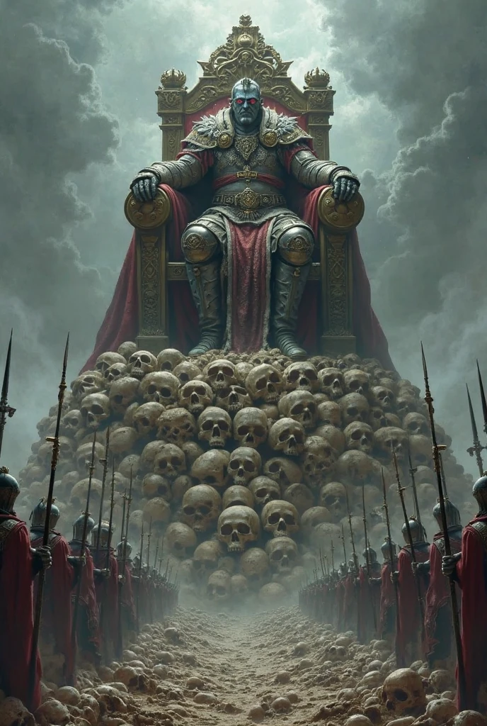 (masterpiece, UHD, illustration, detailed:1.3, Greg Rutkowski's style), powerful Tamerlane, seated on a throne, (intense stare:1.2), intricately designed royal attire. Looming in the background, a (massive pile of skulls:1.4), grim reminder of his brutal reign, somber colors, imposing shadows, starkly realistic style.