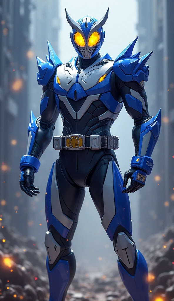 ((power ranger)), Blue Ranger, plein air, 城市, One young man, Blue costume, Solo, ((slim figure)), (Anatomically correct), Cowboy Shot, Masked face, (Blue Complex Cybersuit), (Intricately designed hero suit), Blue Sleeve, Suits with complex lines, Thin cybersuit with a tight body, long leather gloves up to the white elbows,,, Arm cover made of hard material, White Leather Boots, Wearing a full-face helmet, (a belt), (Large metal buckle), (full body suits), (Full face helmet with no exposed face), Crystal embedded in helmet, (Very shiny cybersuit), Cyber suit made of silk, A cybersuit that adheres to the body