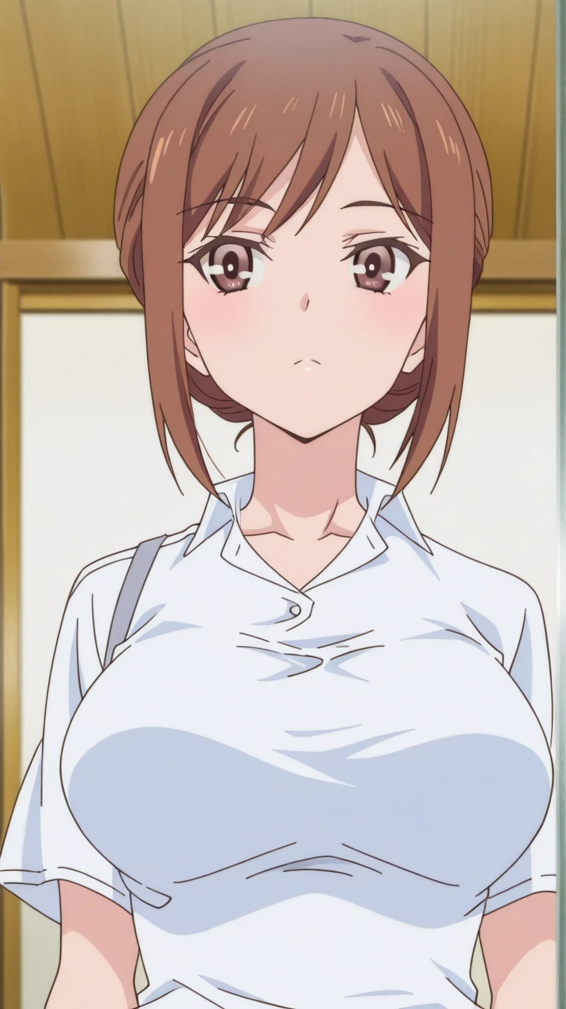 (Best Quality, masutepiece, High resolution, anime screen cap, anime colours), Brown hair, Yellow eyes, Yuriko Aoki, Embarrassed look:1.3, (large full breasts:1.5), (Thin fabric, Men's Big White Shirt:1.8, no-bra:1.5), The shirt doesn't fit, Slimed, Lower your arms, squeezing breasts:1.5, Upper body, Bedrooms, (Perfect Anatomy, perfect detailed body, Eyes and hair in beautiful detail, Beautiful breasts and skin),