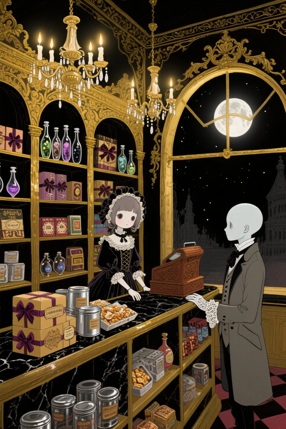 A surreal midnight convenience store designed in Baroque architecture, with ornate gold moldings, black marble counters, and chandeliers glowing with eerie candlelight instead of modern bulbs. The shelves are lined with gothic-styled packaged goods—glass bottles of strange potions, luxurious snack boxes wrapped in velvet ribbon, and metallic tins with unreadable labels. Behind the carved mahogany register stands a pale-skinned doll-like shopkeeper girl with elegant, old-fashioned clothing, dressed like a 1700s noble with a dark twist. Across the counter stands a pale customer, equally strange, wearing a formal coat and lace gloves, with an unreadable expression. The entire scene is bathed in a haunting, golden light against the deep shadows of midnight. Outside the arched window, the moon is full and the night sky looms vast. The atmosphere is eerie, elegant, and surreal—like a haunted royal boutique frozen in time. high quality, high detail, high resolution, masterpiece, rich in colors, bright colors, vute cozy doodle-style illustration.