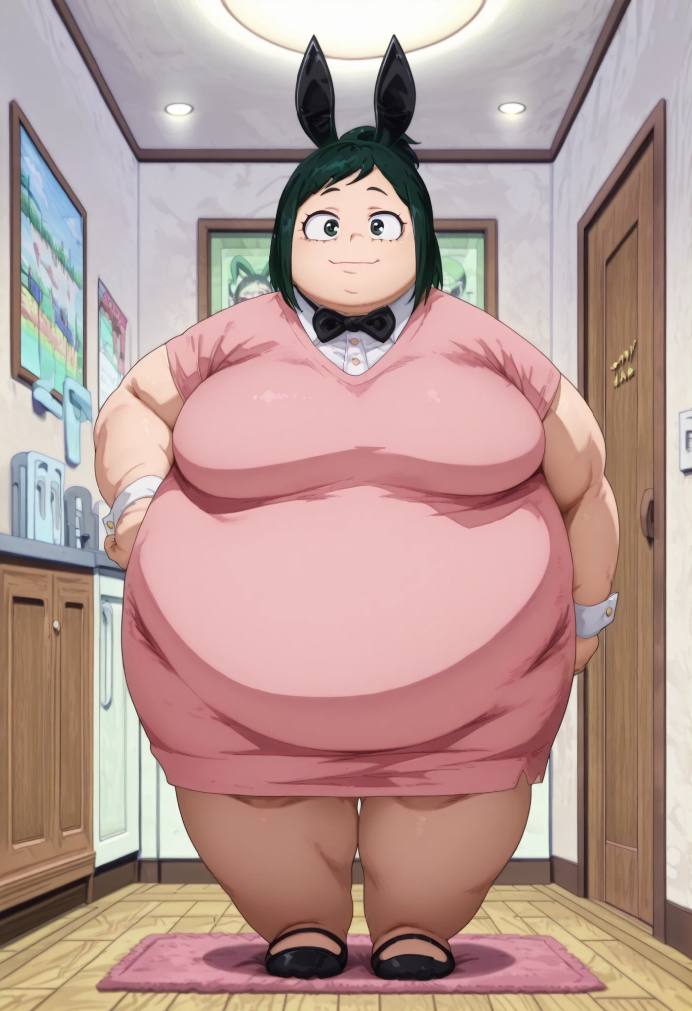 (Masterpiece), (Best Quality), 4k soft lighting, Red sweater, off shoulder top, bare shoulder, transparent black leggings, Hands in lap, White headband, gold earrings, standing at the door, mature woman, 36 years old, mqmf, neckline, extreme blush, drunk, drunken, Leaning forward, drunken yor, anime blush, Red face, Head tilted to one side, long sleeve, dizzy, Sparkling, From top to bottom, blouse down, big hips, thick thighs, shocked, wide open eyes, Open mouth,giant breasts,