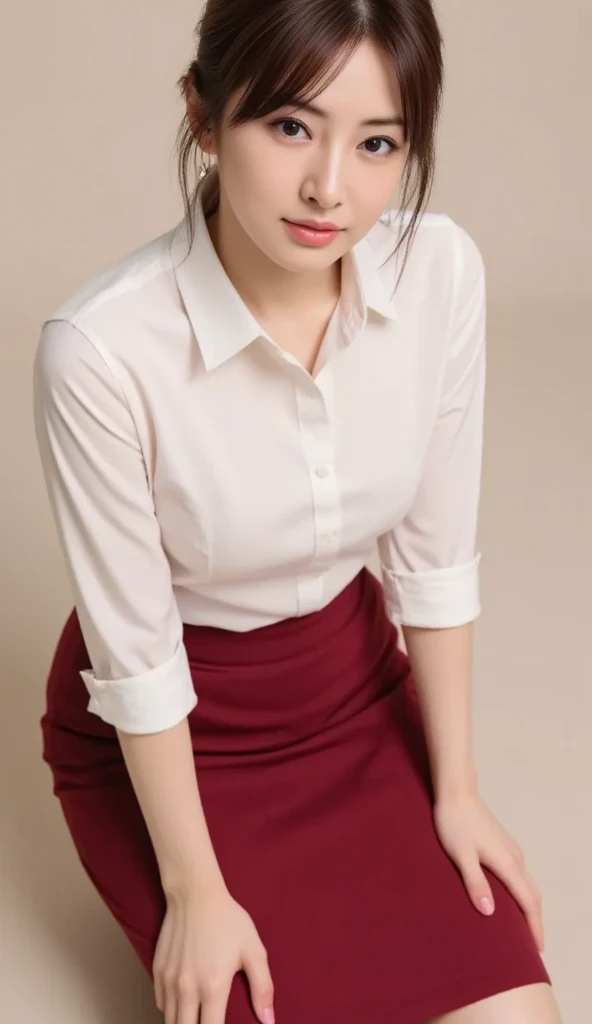 skirt, business attire, young girl, red tights, warm clothes, full length, on a plain background ((Best quality)), ((masterpiece)), (detailed), perfect face