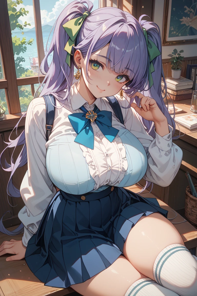 (((masterpiece))), ((highest quality)), (Very detailed), ((High resolution)), ((8k)), One Woman, Big Breasts, Brunette color hair, Double up braid, Long Hair, Long Hairと短髪, Very cute woman, delicate, Charming smile, Green Eyes, Bright Eyes, Best moment, Vivid eyes, cute, Beautiful Skin, cute顔, delicateな腕, Detailed skin texture, Intricate details, Very detailedな顔, Beautiful Eyes, In the classroom, Wearing a , Window, School desks and chairs, Thighs,
