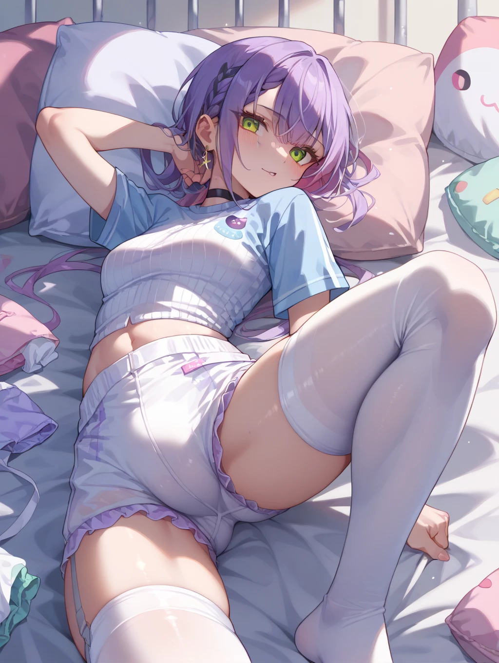{{{NSFW}}},(masterpiece:1.2),(ultra quality:1.2),(ultra detailed:1.2),(ultra-high resolution:1.2),(very fine 8K CG wallpaper:1.2),Mejiro McQueen \(umamusume\),{1 girl,beautiful girl,cute,smile,kawaii, lovely,blushing,playful expression},sharp focus,oily skin,beautiful detailed hair,glossy hair,(wear school uniform:1.5),(lying on the bed:1.2),wear long school skirt,perfect two legs,(spread two legs:1.2),(show-off-white-panties:1.3),five fingers,large breaths,wear black pantyhose,beautiful detailed eyes,jewel like eyes,violet eyes, (two hands behind head:1.1),open mouth,armpits, solo,beautiful navel, looking at viewer,collarbone,earring