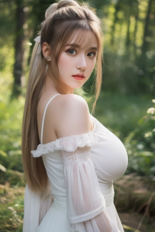 1 Girl, Beautiful, Baby Face, 20 Years Old, White Skin, ???? Look, Cleavage, ((White Maid Outfit)), Huge Colossal ?????, Blue Eye, Muscles:1.3, Outdoor, ((Bokeh:1.1)), Pink Glossy Hair, ((Diamond Earrings)), Apple Watch