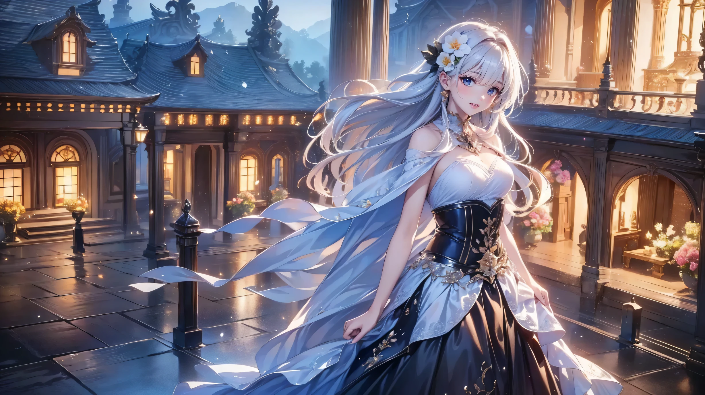 ( very detailed目, very detailed顔), ( realistic にสุดๆ, high resolution ), ( Top Quality :1.4), ( Top Quality ), 5, Midea, 1 girl ,score_9, score_8_ up, score_7_ up, score_6_ up, score_5_ up, score_4_ up, realistic skin texture that lasts deep into the middle of the night 、 Deep Night , RAW photos , ( realistic に, realistic :1.37), very detailed, Pro Pictures , (masterpiece:1.3, Top Quality , s uper high resolution, Ultramore ), ( realistic , photo realistic :1.4), beautiful illustrations , perfect lighting, anime style .( masterpiece : 1.2), ( very detailed: 1.2), ( very detailed CG: 1.2), ( high image quality : 1.2), (最 high image quality ), 8k, animated illustration , 、 beautiful girl 、とても cute天使、 cute、、smile、 long skirt、 Black Long Boots 、 Turquoise Eye, cute女性 ,street, Store , sign,European Buildings,slate paved ,Rose flower