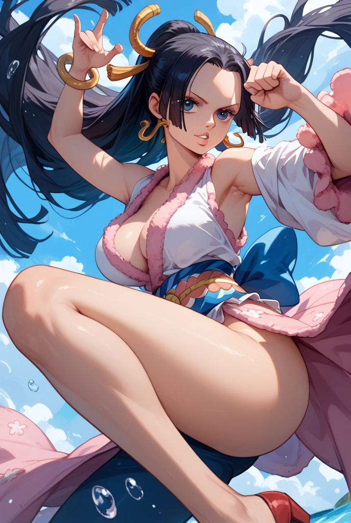 masterpiece, Highest quality, High resolution, Hancock 1, One girl, Boa Hancock, Large Breasts, Long Hair, Epaulettes, Cape, Side slits, Cowboy Shot, Are standing, View your viewers, Sexy pose, , Hands Behind Back, Perfect Fingers,(((Spread your legs)))、((Shiny下着)))、Beautiful beauty、Long black hair、((whole body))、(((Photo taken from below、Accentuate your breasts)))、Large Breastini skirt、Panties are black lace、tall、Long limbs、hairstyle semi long、Big Breasts. (Highest quality, 4K, 8K, High resolution, masterpiece:1.2、Big Breasts),Shiny、Realistic photos 、Every detail is reproduced