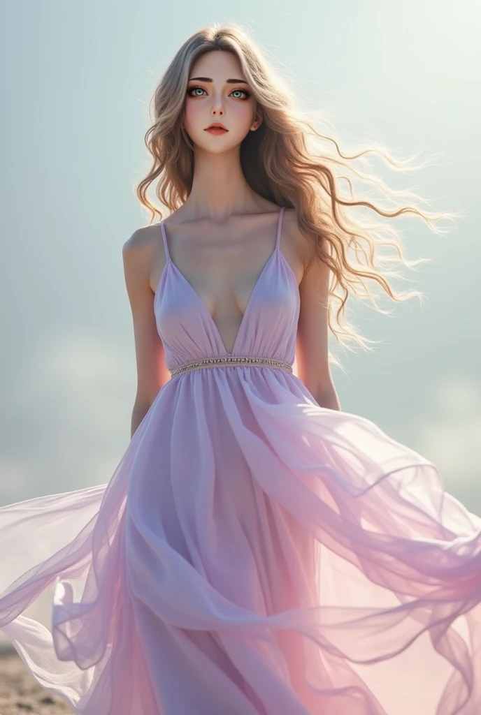 Stunningly airy baby slay, brown eyes, her figure is elegantly draped in a flowing summer dress, shimmering in the sun. The fabric, shimmering with delicate pastel shades, gently flutters in the warm breeze, and golden curls flow down her back like liquid sunlight. This exquisite portrait conveys her beauty with a touch of fairy-tale wonder, almost like a painting brought to life in a surreally vivid photograph.