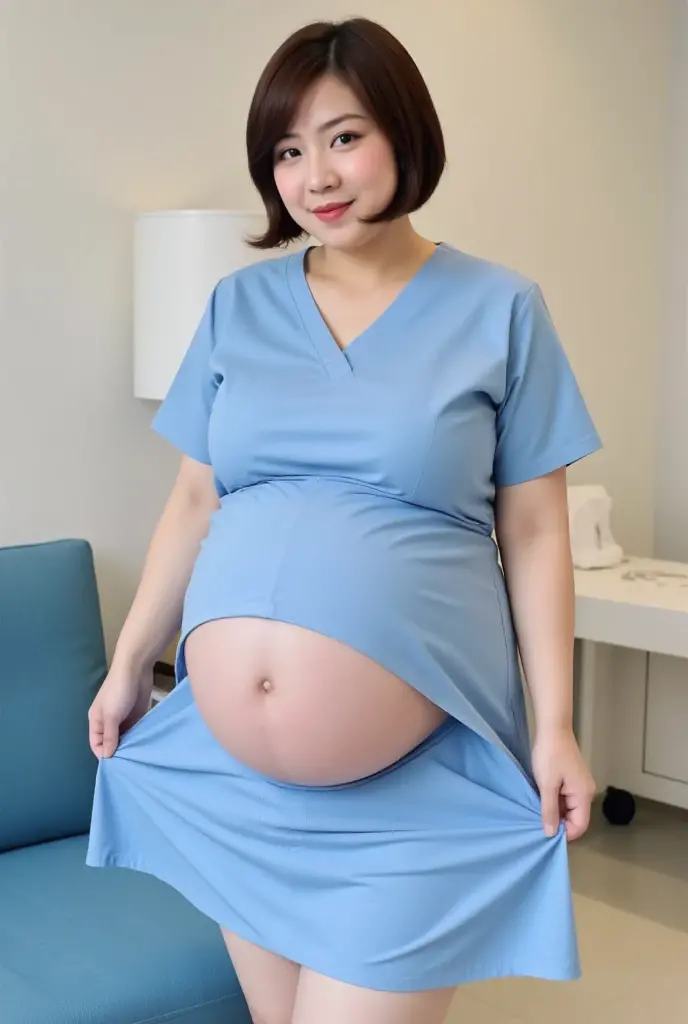 absurdres, RAW photo, extremely delicate and beautiful, masterpiece, Best Quality, ultra high resolution, 32k, hyperrealistic, ultra-detailed, perfect anatomy, perfect figure, super Detailed skin, Very detailed CG 8k wallpaper, pregnant body, narrow waist, very small head, very small face, delicate facial features, earring, thin legs, (perfect breasts:1.3), (full body shot:1.1), (solo:1.2), ponytail hair, (wavy hair:1.2), wet clothes, (midwife outfit:1.3), no bra, horny, hot
