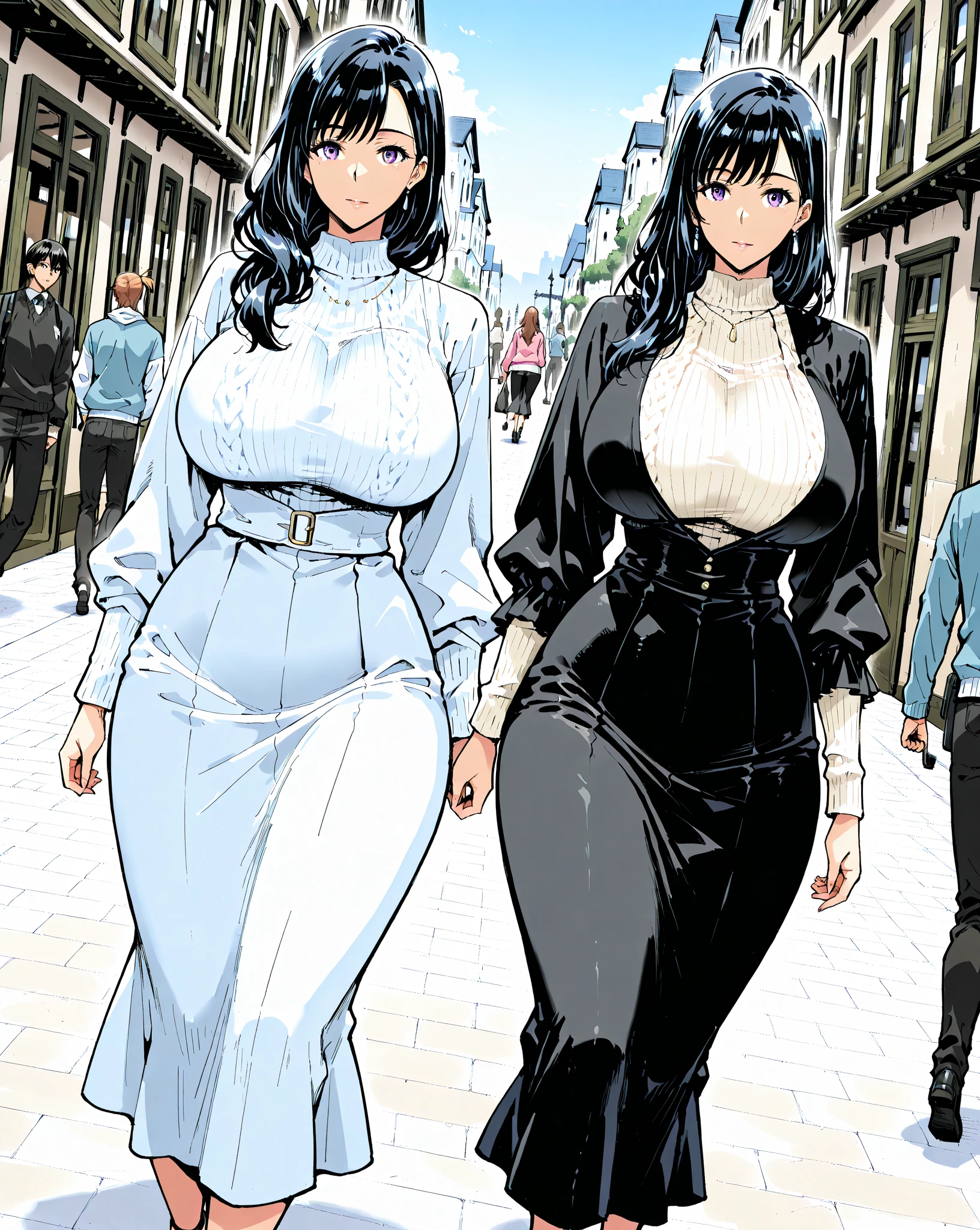 2heads, a short chubby woman with 2 heads. She has enormous breasts. She is outside in the autumn. She is wearing a jacket and scarf. She has massive breasts. She looks very happy. She looks cold. She has massive breasts.
