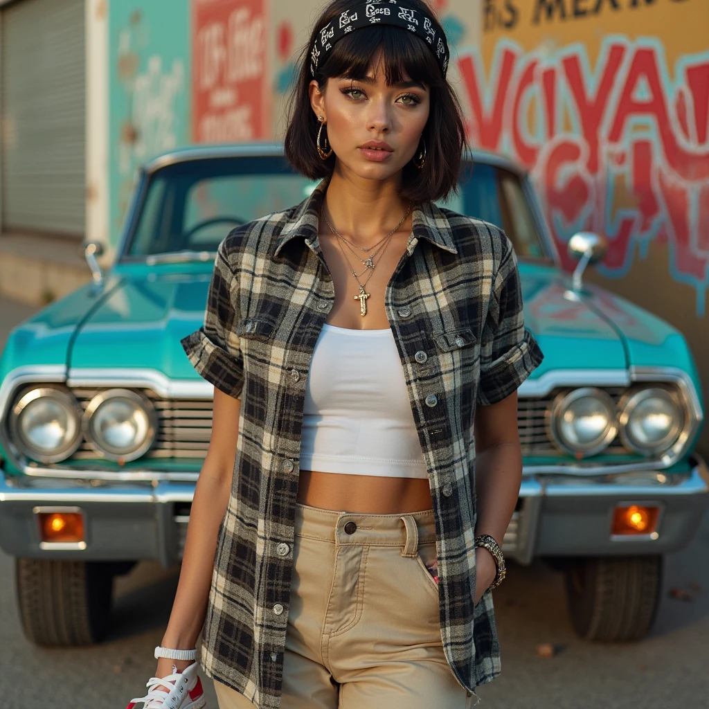 A very beautiful girl with ash-black hair sits near her cool Chevrolet Camaro car.. hands between legs. She is wearing a gray T-shirt and blue denim shorts... On his feet are black leather high-heeled ankle boots. higly detailed.