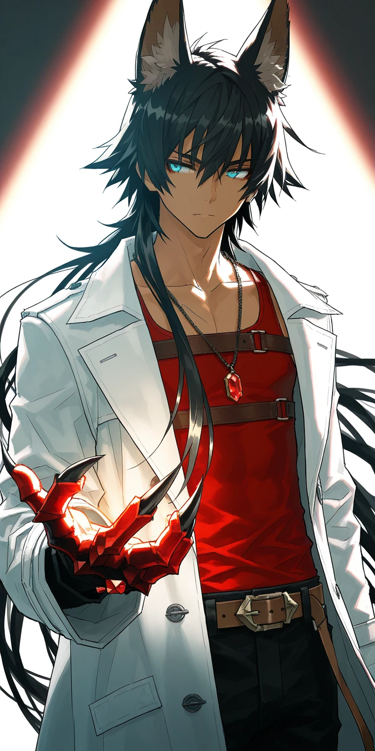 Anime style, male scientist, tall, glasses, brown shoulder length hair with white tips in his hair, blood on his hands, laughing maniacally, handsome, scary.