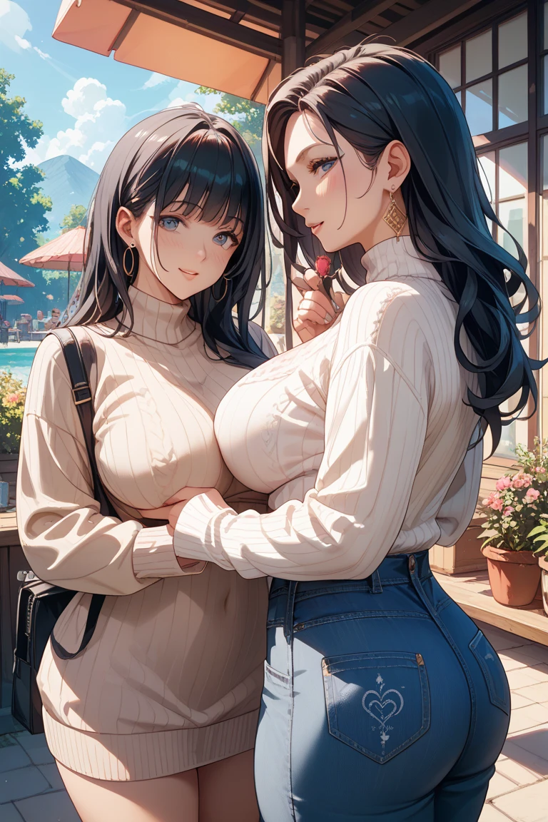2heads, a tall thin woman with 2 heads. She has enormous breasts. She is at the park in the winter. She has massive tits. She is wearing a small bikini top. She is wearing a skirt. She is wearing a beanie hat. She has gigantic boobs. Smiling wide, happy. Seductive. Touching breasts. Mature. Mommy. Milf. Giant body, huge woman, amazoness.
