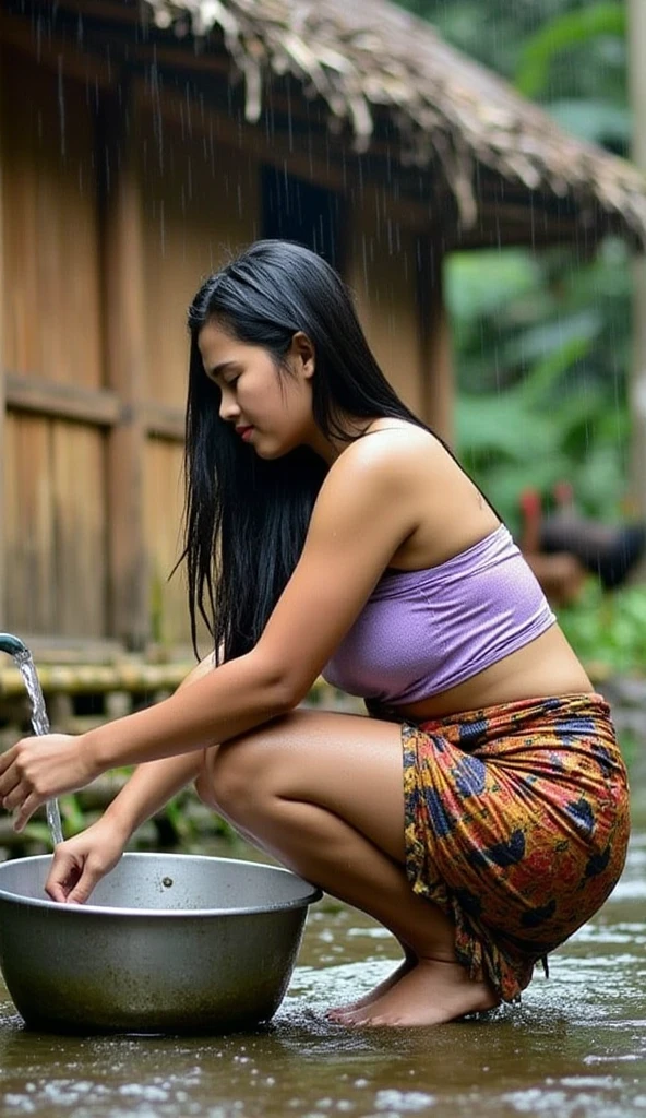 ((Best Quality, 8K, Masterpiece:)), Focus, realistic, A stunning high-resolution, vibrant photograph of 16 year old young indonesian girl wear stained tanktop and mini shorts,playing water with water hose at traditional slum frontyard street, aongkran,messy area, lot of trashes, trash, dirty, slum,surrounded by men, crowded, multiple men,realistic photo,The background is slightly blurred to keep the focus on them, creating a beautiful bokeh effect, soft sunlight filtering through, erotic mood, laughing,