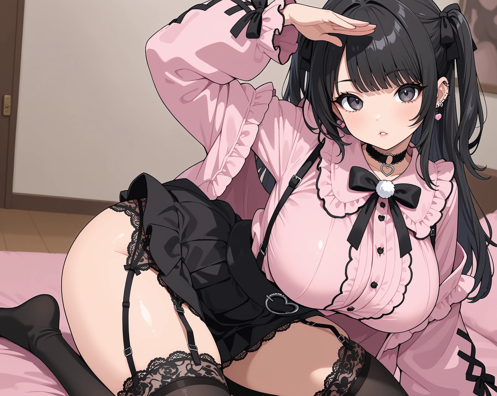 A woman is wearing a black and white maid outfit and leaning against the wall, doggystyle, from behind, alone, panties, underwear, skirt, (shiny dark pink satin panties:1.3)、お尻が覆われたpanties、garter belt, embarrassed expression, Thighhighs, skirt lift, think back, realistic