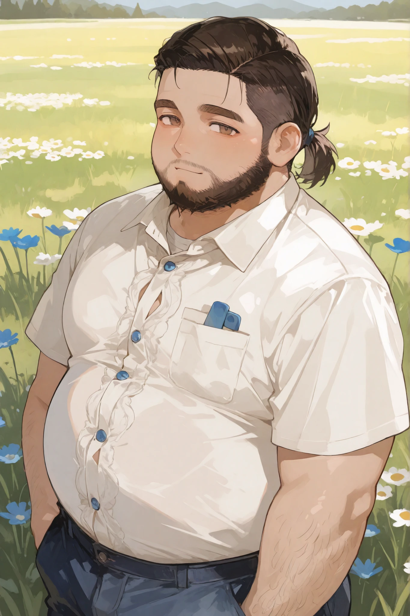 Sttuble, fat, chubby, male, ponytail, shaved sides, brown eyes, dark hair, hairy, beard, blue pants, blue button-down shirt, meadow