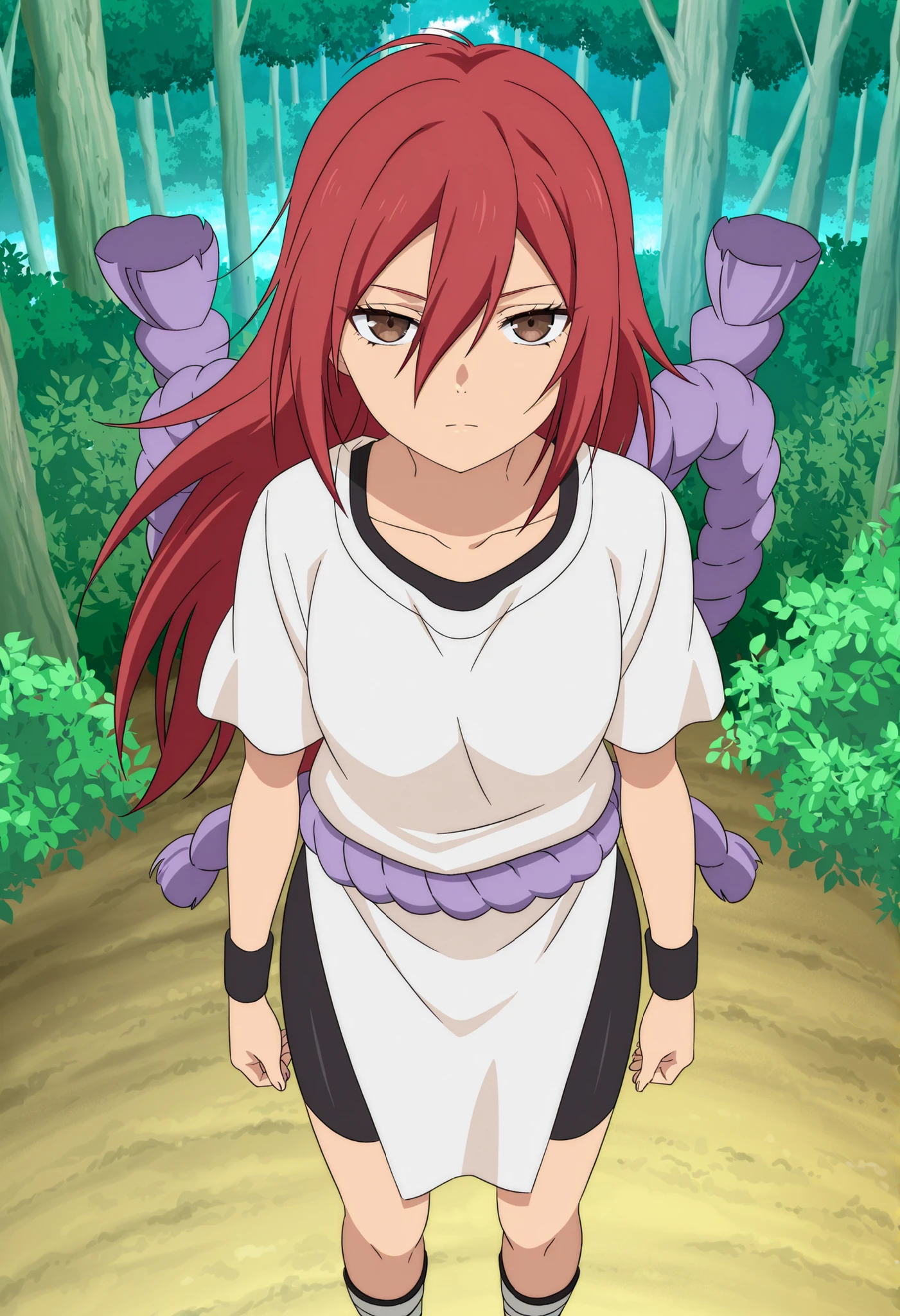 masterpiece, best quality, very detailed, , masterpiece, best quality, eyelashes, (Beautiful Eyes), cowboy shot, anime, Official Illustration, Official anime artwork, anime screencap, anime coloring, masterpiece, best quality,pelvic curtain, wristband, solo, long hair, red hair, brown eyes, 1girl, hat, short sleeves, looking at viewer, shimenawa, collarbone, hair between eyes, closed mouth, shirt, full body, expressionless, bike shorts, tomboy, narrowed eyes, hair between eyes, ankle wrap, toeless footwear, sandals, outdoors, forest