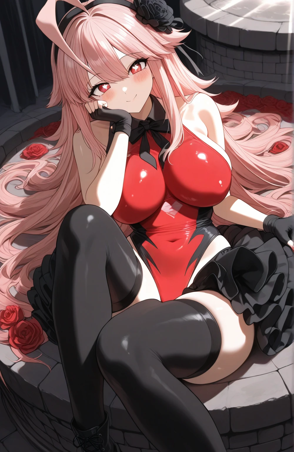 1 person、Pink Hair、Long Hair、Fantasy、Red and black clothes、Belly button、slit、pants、Noble、Knight Commander、breastplate、Aggressive Design、Bigger breasts、((sexual excitement))、lure、Melting expression、(On the bed)、Climax、((Feeling sexual pleasure))