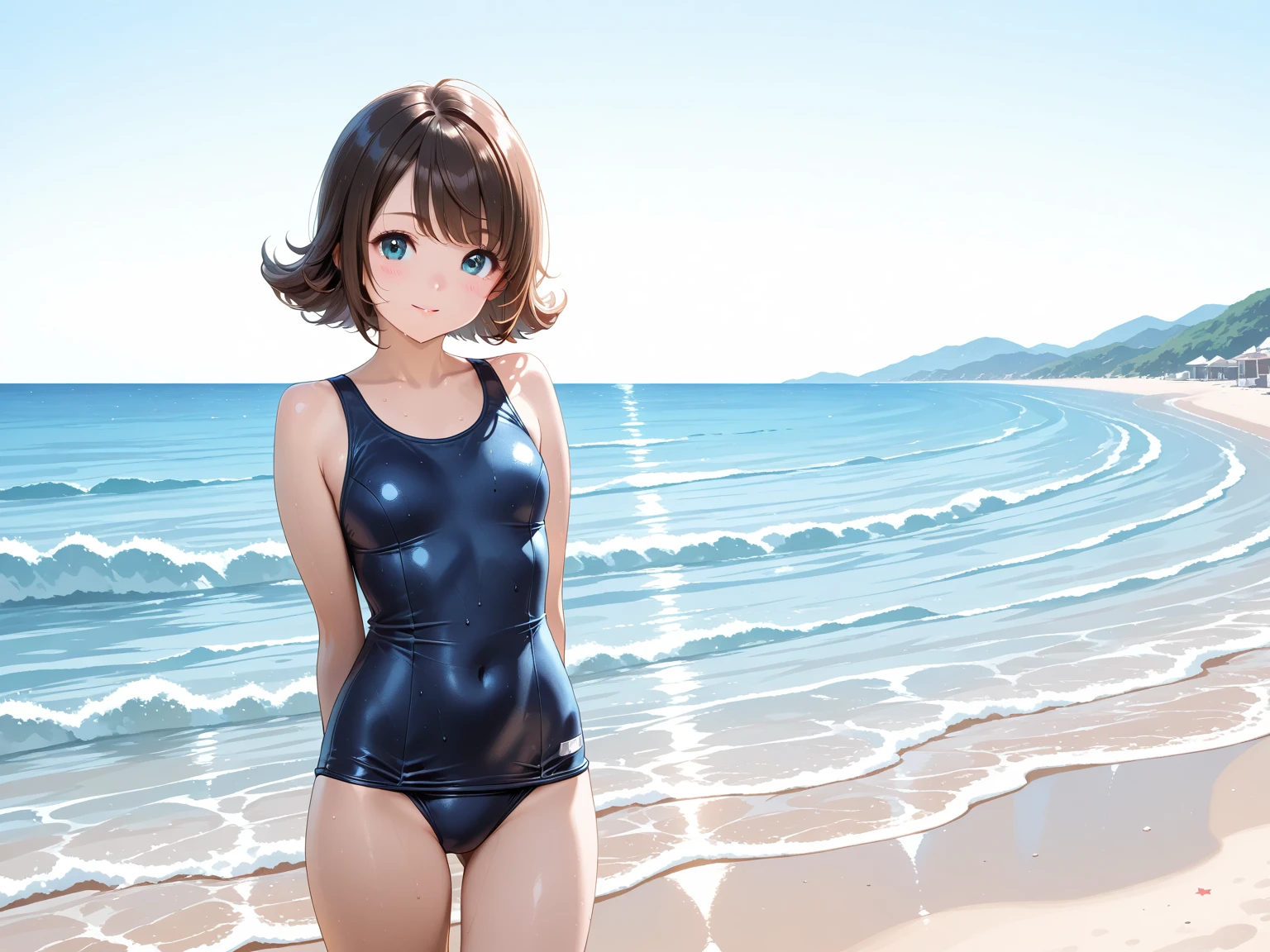 ((4k, 8k, Highest quality, Perfect Fingers:1.3, Perfect Anatomy:1.3, Blur the background)), 1 person, ((Small breasts, Cute droopy eyes, short hair, Brown Hair, Slender)), Laughter, (Trichrome, One piece swimsuit), An angle that captures the whole body, White sand beach, smile, Open Mouth,