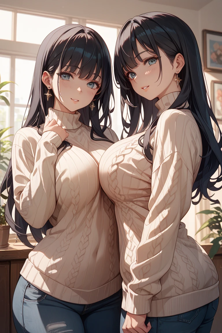 2heads, tall chubby woman with 2 heads. Massive breasts. Teenager. In a bedroom with a window. Wearing a sweater, wearing jeans. Messy maroon hair in a ponytail. Blushing. Spunky. Goth. Thick eyeliner. Gorgeous thin mature face. Seductive. Huge fake round tits. Huge thighs. Girlfriend. Smirking. Sexy pose.