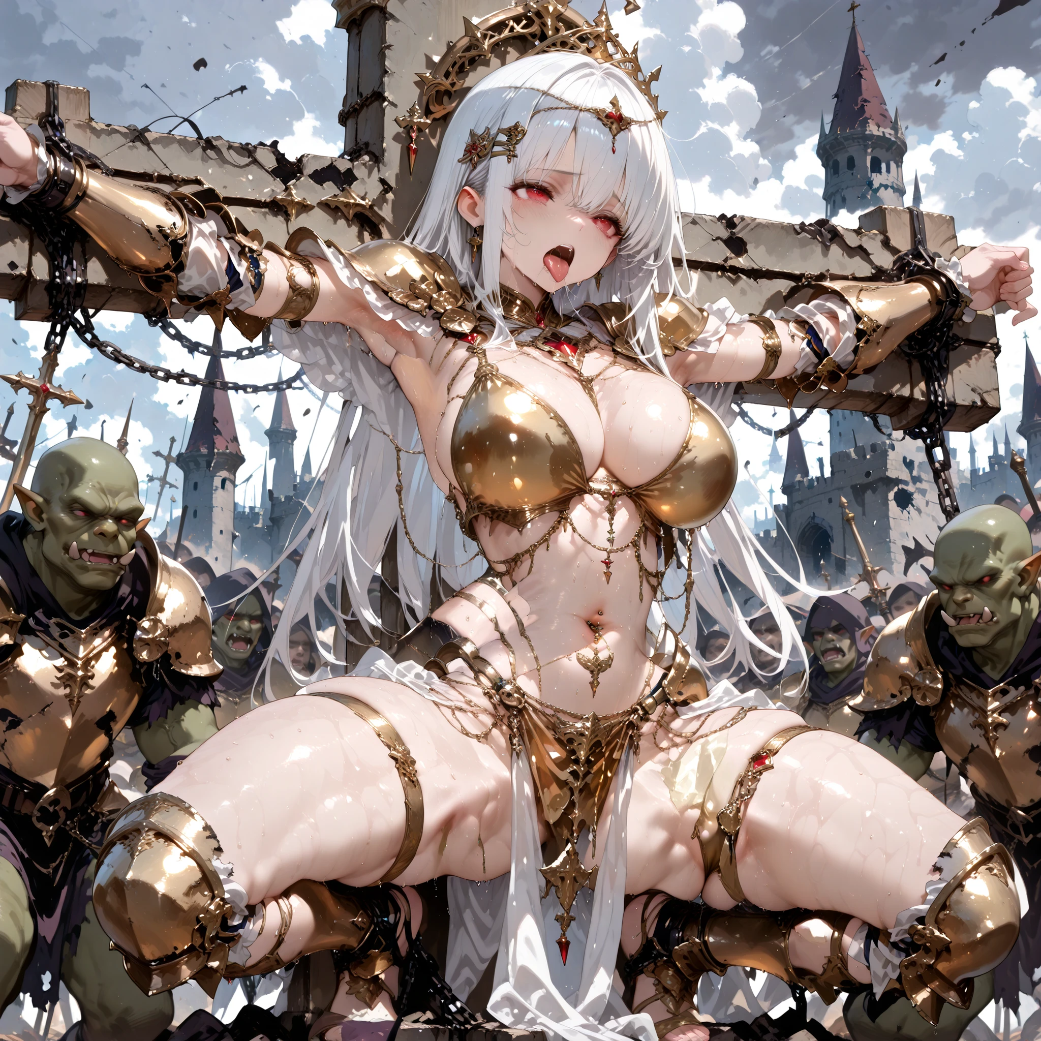 ((best quality)), ((masterpieces)), (detailed), perfect face, SOLO, ((((1 girl)))), ANIME, beautiful detailed eyes, long hair, long straight hair, white hair, RED EYES, flushing, sweaty body, sweat, ((golden fantasy armor)), loser, ((Pauldrons)), (vambrace), bondage, ((thigh strap), public execution, hairpin, scaffold, SLAVE, ORC crowd, bare legs, hairclip, (Shin guards), spread legs, squat, destroyed castle, cloudy weather, defeated country, navel piercing, golden tiara, ((big breasts)), crucifixion, spread arms, midriff, ((golden bikini armor)), tongue, saliva, armpit, Body chain, arabian dancer,