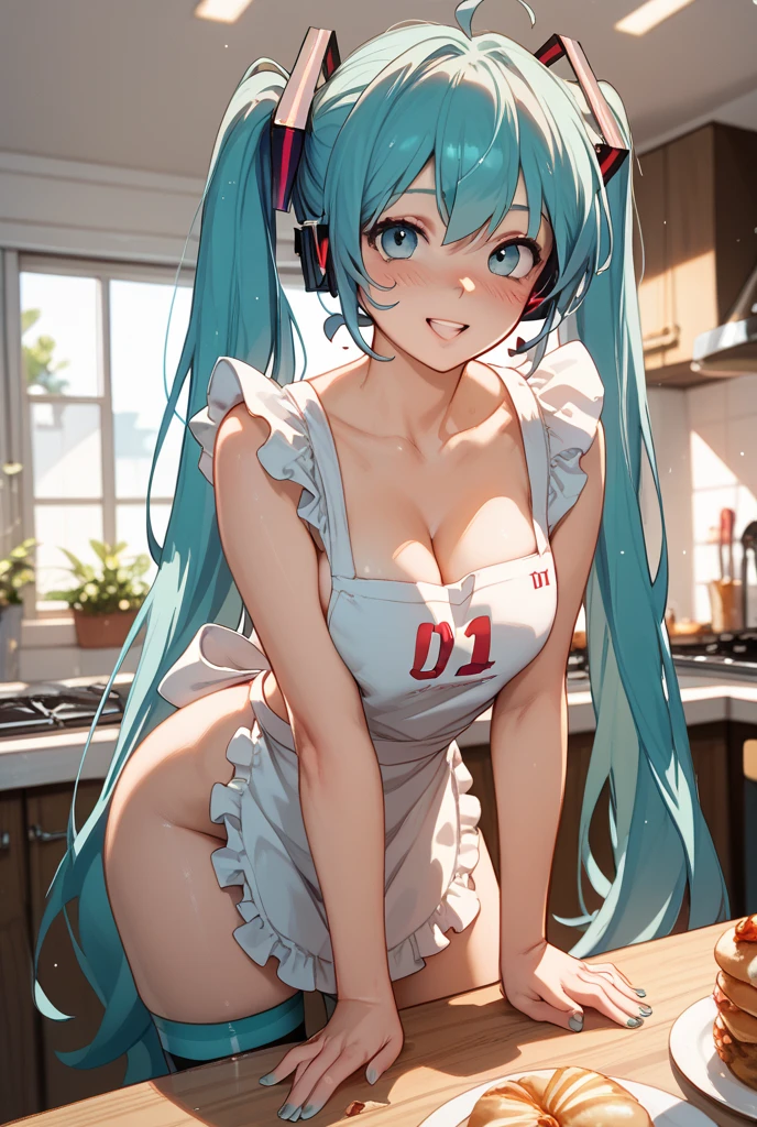 masterpiece, best quality, very aesthetic, absurdres, newest,1girl,naked_shirt, covered_nipples, ,hatsune_miku, vocaloid, very_long_hair,  twintails, number_tattoo,aqua_eyes, aqua_hair,,,in kitchen