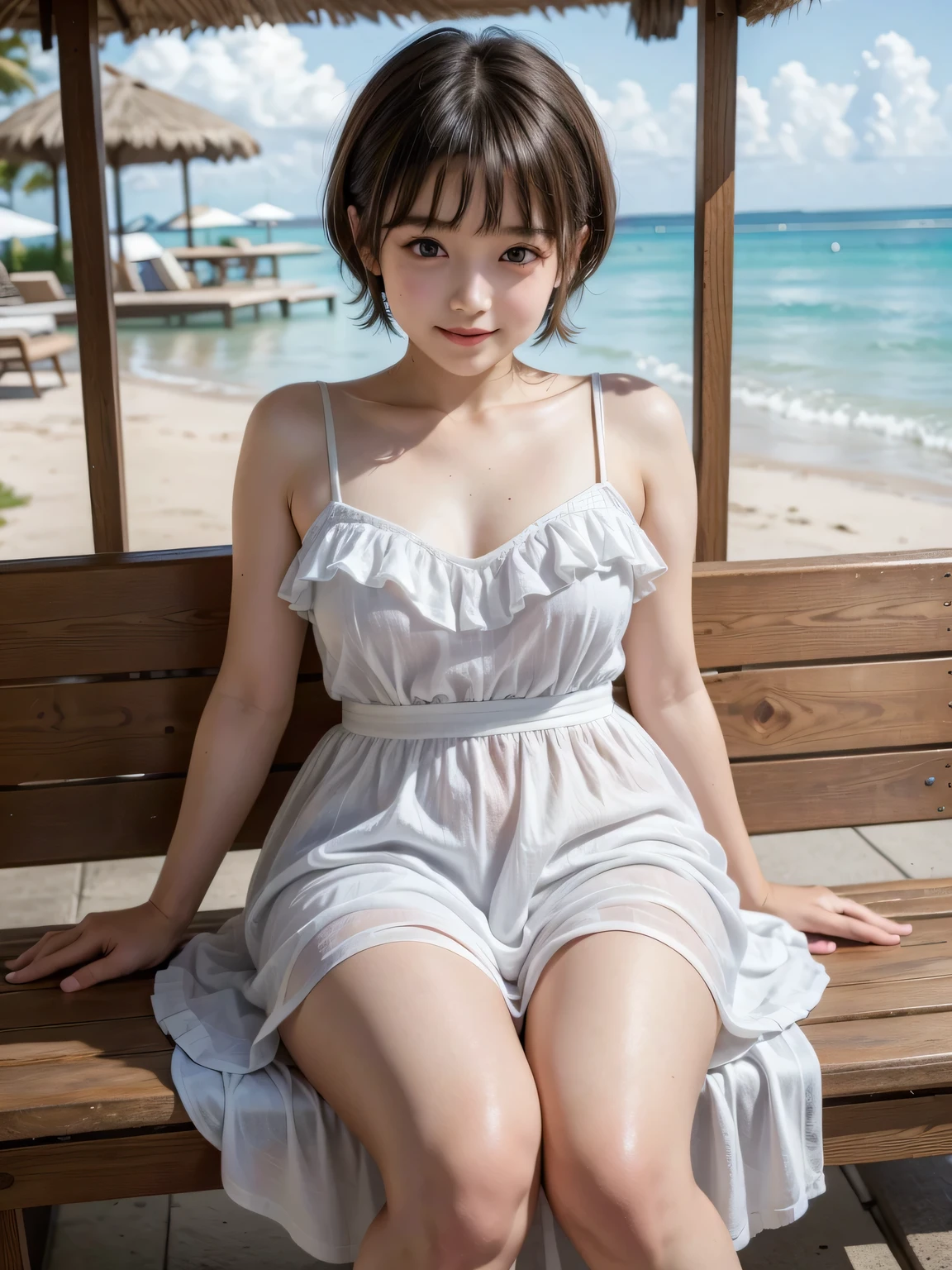1girl, autumn, autumn_leaves, bangs, beach, blue_sky, blush, breasts, brown_hair, closed_mouth, cloud, cloudy_sky, collarbone, day, dress, field, flower, flower_field, horizon, lake, leaf, looking_at_viewer, mountain, mountainous_horizon, ocean, outdoors, palm_tree, petals, plant, red_flower, short_hair, skirt_hold, sky, smile, solo, standing, sunset, tree, twilight, water, white_dress, perfect eyes