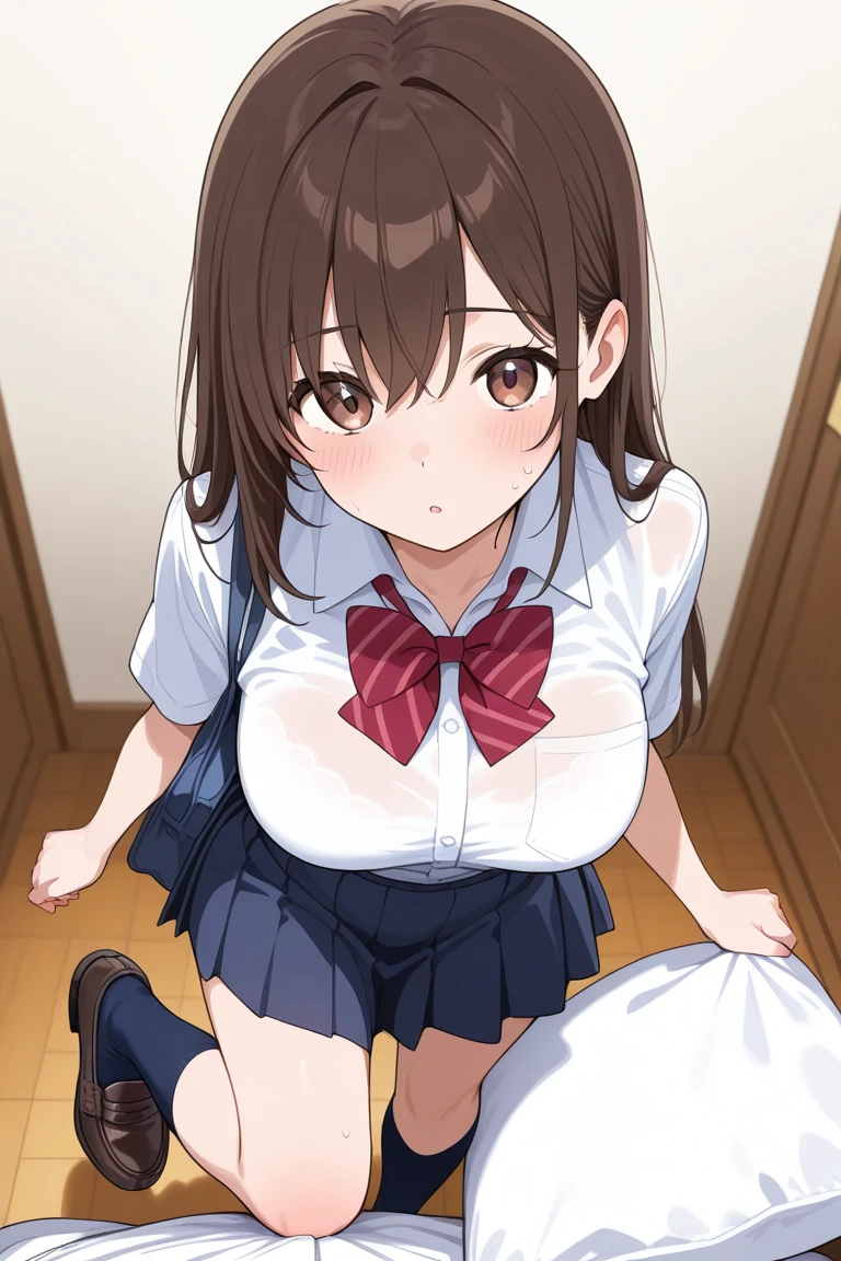 (((masterpiece,High resolution,high quality,Very detailed,8k,An illustration))),(((Baby Face,Beautiful eyes,Droopy eyes,Embarrassed))),(((Very large breasts))),(Bursting Breasts),((Abundant thighs)),((Dark brown hair,Low position short,Pigtails,No sideburns,Blunt bangs))),((Looking at the camera,Lying on the sheets),(((White shirt,Checkered short skirt,Light blue underwear)),