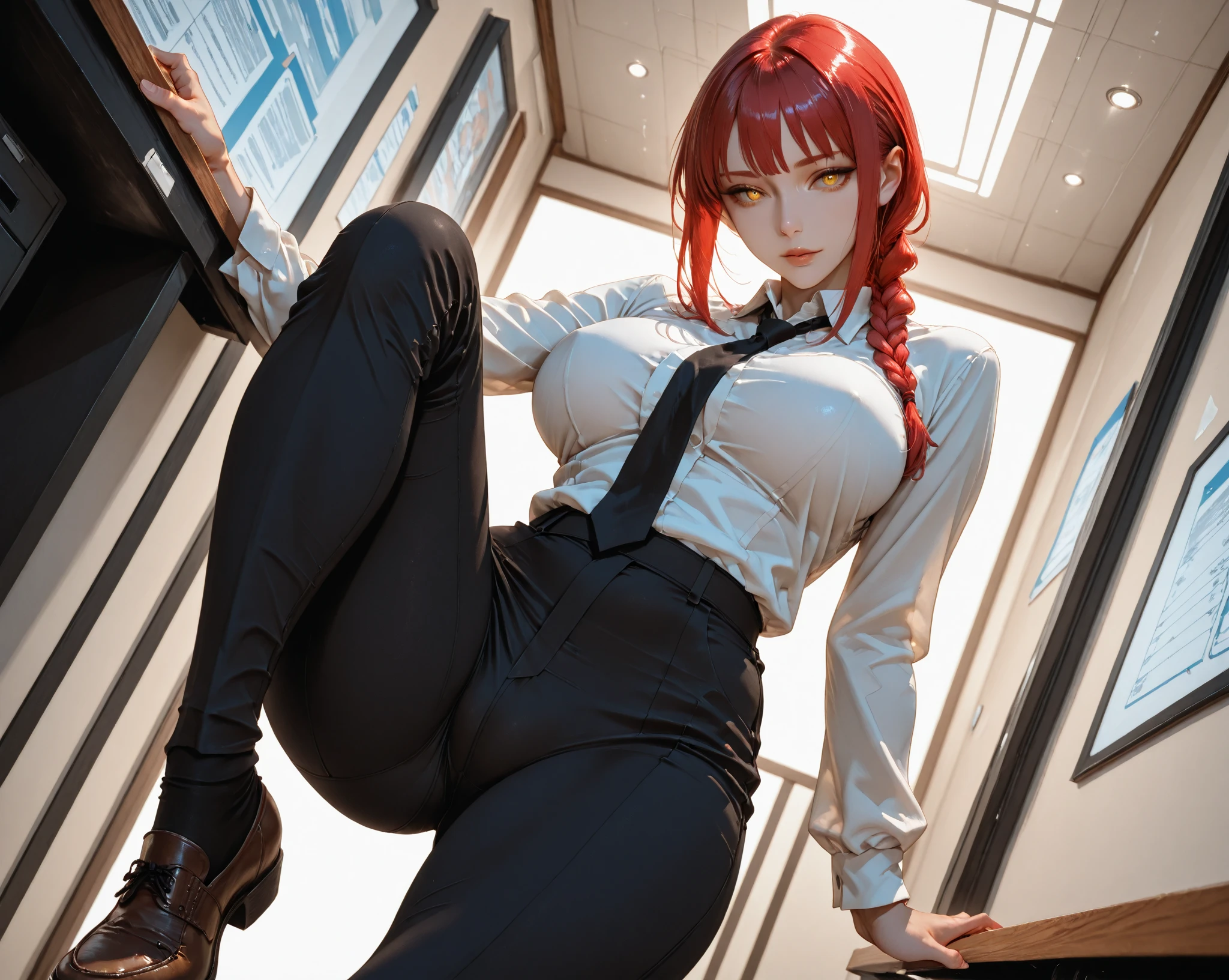 score_9, score_8_up, score_7_up, uncensored, source_anime, iris midgar from the eminence in shadow, 1girl, red hair, long hair, braid, big ass, big breasts, big nipple, blush voluptuous, horny, sexy, front view, huge lips, , stockings, classroom, curtains, day, indoors, lens flare, school chair, school desk, signature, valentine, window, wooden floor
