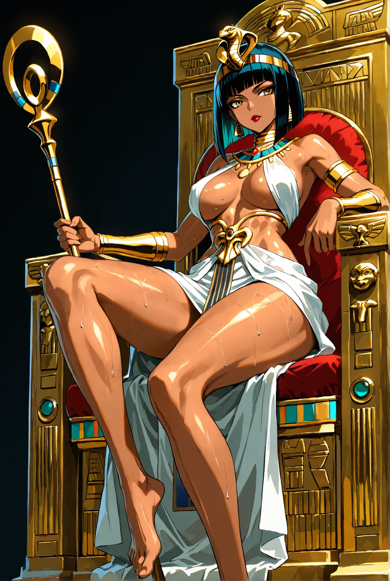 (masterpiece, top quality, best quality, official art, beautiful and aesthetic:1.2), (1girl:1.3), long and straight black hair, tanned skin, extremely detailed, portrait, looking at viewer, solo, (full body:0.6), detailed background, close up, mischievous eyes, (hot summer Egypt theme:1.1), Egyptian priestess, gold Egyptian mask, pharaoh death mask, gold facemask, winged eyeliner, (very long neck), pharaoh nemes, mummy mask, Persian nose, bold nose, long nose, arched nose, downturned nose, large nose, dark tan skin, charlatan, smirk, mysterious, walking in desert, revealing white and gold and sapphire Egyptian silks, cobra headdress, white short skirts, ((draped halter top), criss cross halter top, criss-cross halter top, criss cross straps, criss-cross straps), jewelry, white fabric, gold jewelry, precious stones, dual sickle swords, ((((gigantic breasts, cleavage, skindentation)))), slim waist, slim hips, long legs, ancient (Egyptian temple exterior:1.1) background, dark mysterious lighting, shadows, magical atmosphere, dutch angle,