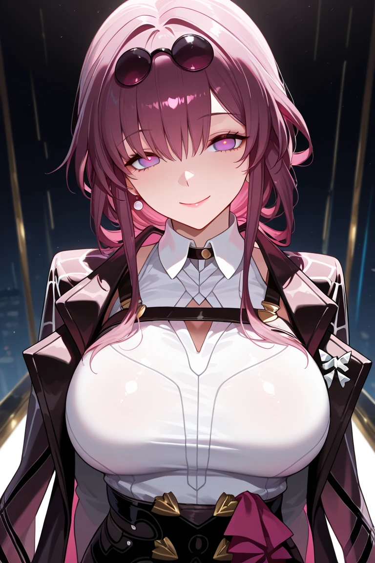 1 woman，(masterpiece, best quality), intricate details, thin, ((Slim)), beautiful girl, light pink hair, White skin, Light purple eyes, sharp jawline, cropped jacket, messy hair, lips, Upper body, big breasts，giggle