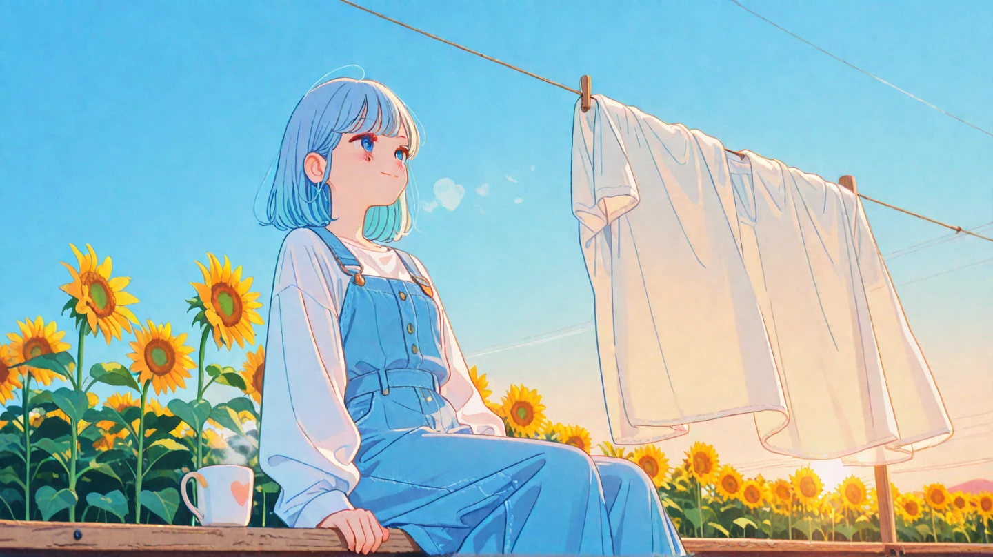 1girl, minimalist, anime line-art style, A low-angle shot of a cheerful young woman hanging freshly washed laundry on a clothesline under the bright mid-morning sun. The breeze gently lifts the white fabrics, creating soft flowing lines. She wears a simple, comfortable outfit and smiles brightly like a sunflower. Behind her, green trees sway slightly and a steaming cup of coffee sits on a nearby wooden rail. Light curtains flutter at the edge of the frame. The overall scene is bathed in soft orange sunlight, sky blue tones, and clean whites — evoking a fresh, cozy, and peaceful atmosphere. Render in soft film photography style with warm pastel tones and subtle grain for a dreamy, slow-living vibe., masterpiece, best quality, 4K resolution, ultra details