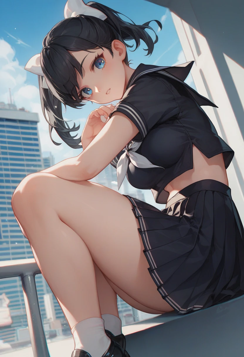 Rikka body, rikka takarada, Black Hair, blue eyes, Long Hair, orange Scrunchie, Scrunchie, wrist Scrunchie,happy smile, smile, Open your mouth,Cold shoulder tops,Short sleeve,Shorts,Stiletto heels,Walking,morning,morning陽,The sun is rising,So that the whole body goes into the illustration,Looking down from above,
Destroy outdoors, In town,Building district,
壊す looking at viewer, Systemic
break (masterpiece:1.2), highest quality, High resolution, unity 8k wallpaper, (figure:0.8), (Beautiful fine details:1.6), Highly detailed face, Perfect lighting, Highly detailed CG, (Perfect hands, Perfect Anatomy),