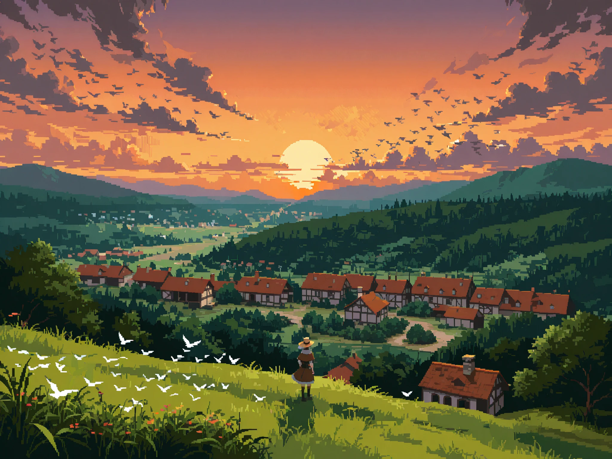 very wide shot, historic European village at sunset, greenery, flock of birds, (overlooking:1.3), pixel art