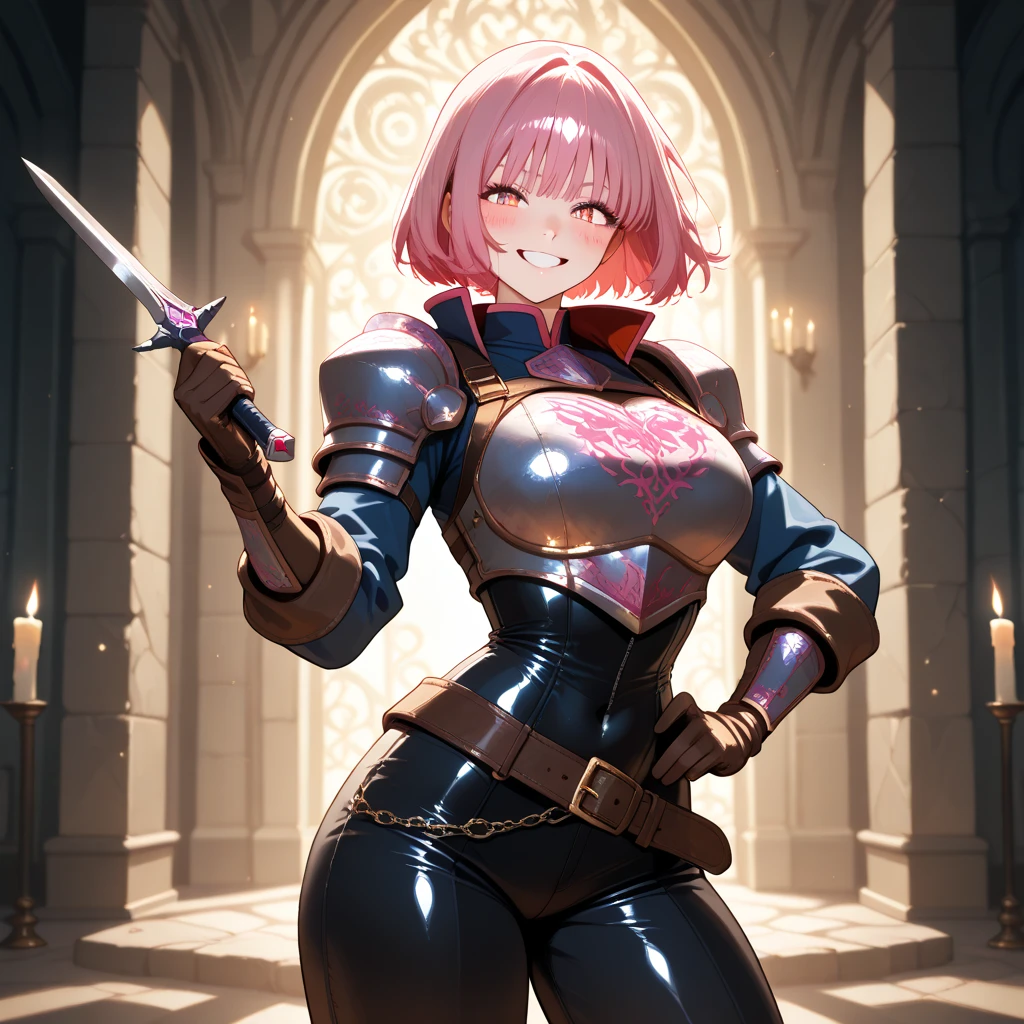 digital painting by Shirabi, portrait, grinning amazon berserkertoned, fur armor, , peach hair, bombshell curly hair, leaning forward, chinese, in Korean Japan, on a dieselpunk, brutalist staircase, bombshell hair, ginger hair, Perm, inugami-ke no ichizoku pose, anime, oil on canvas, palette knife